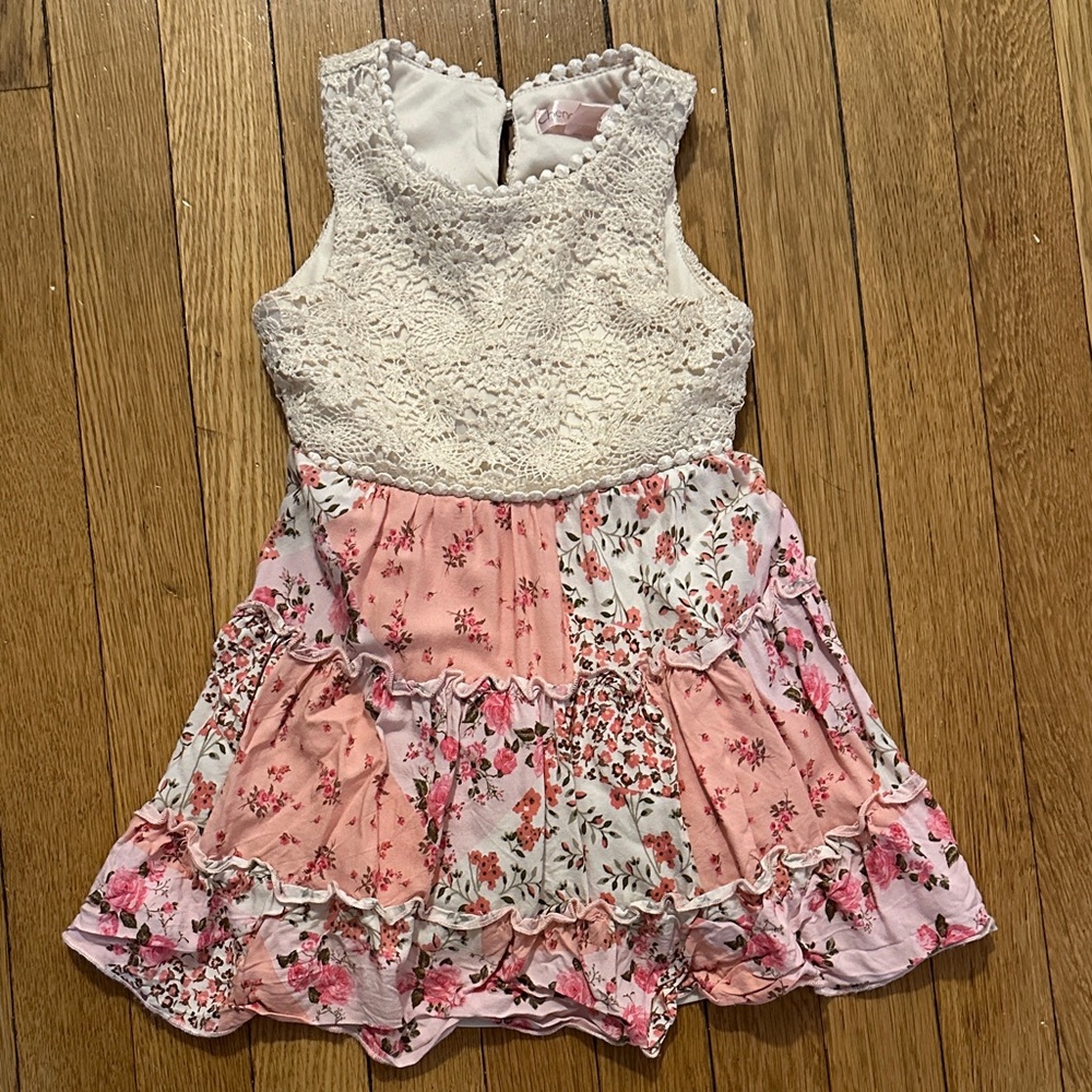 Chenault Cream Crochet Bodice Pink Floral Tiered Dress